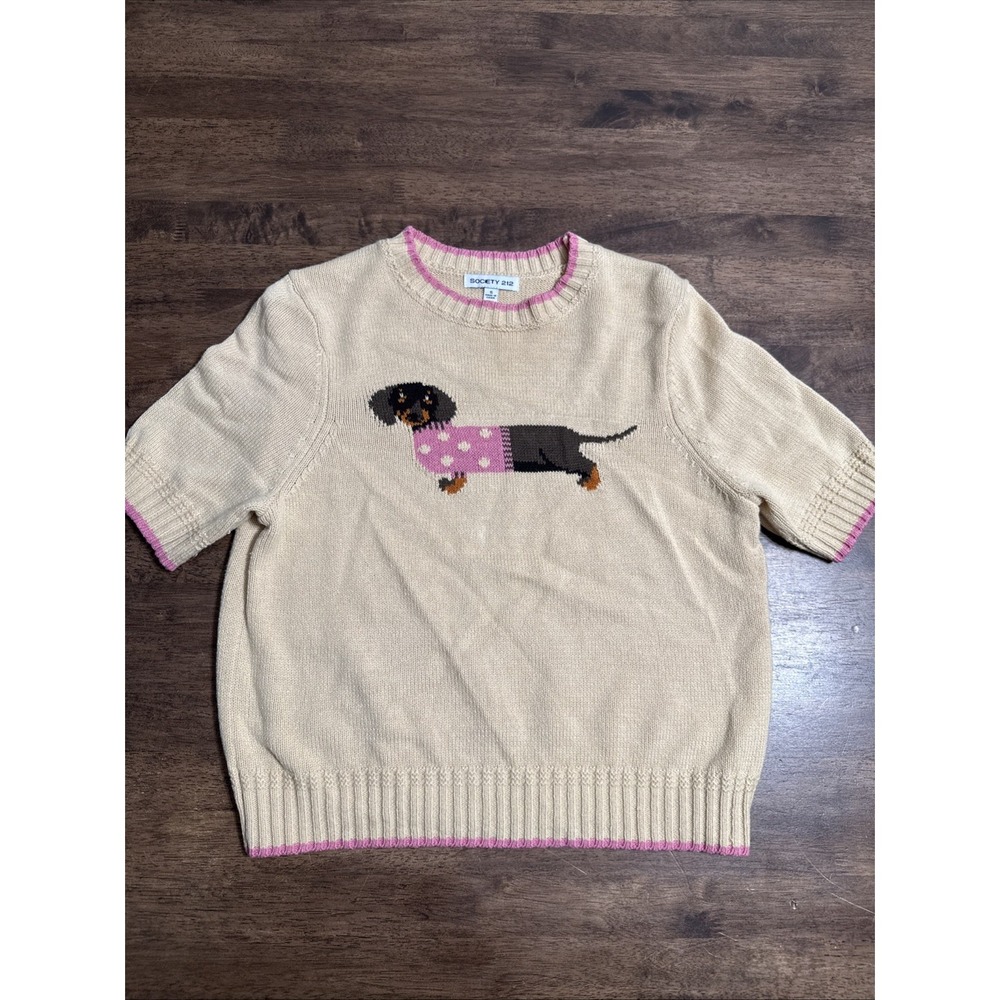 Society 212 Womens Dachshund Dog Short Sleeve Pullover Knit Sweater Size Small